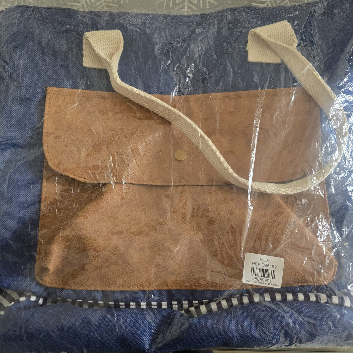 Bolso Casual De Mujer Tela Azul Y Ecocuero