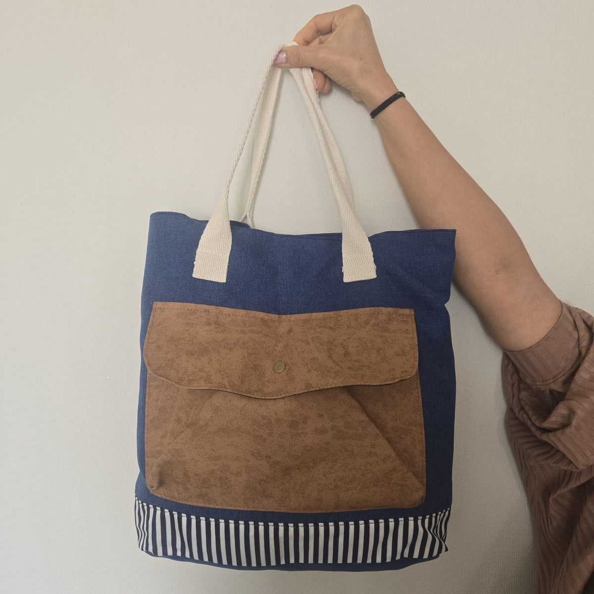 Bolso Casual De Mujer Tela Azul Y Ecocuero
