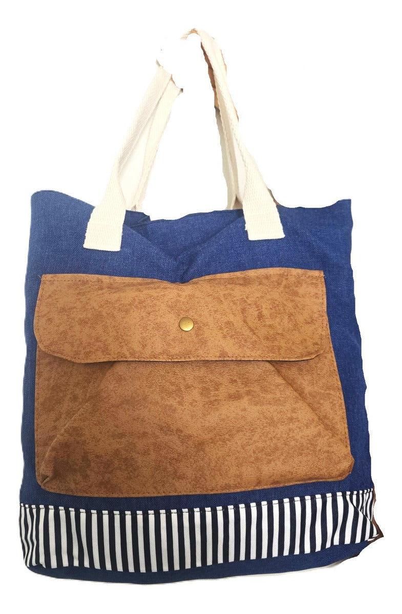 Bolso Casual De Mujer Tela Azul Y Ecocuero