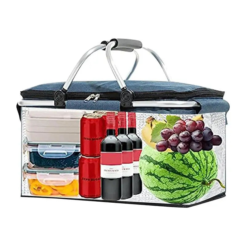 Insulated Picnic Basket Portable Collapsible Grocery Bags Leakproof Cooler Bag Basket With Handle Large Capacity Camping Travel